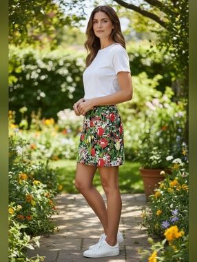 Tory Burch Women's Mini Skirt Green Red White Tulip Print Cotton Blend Lined 8